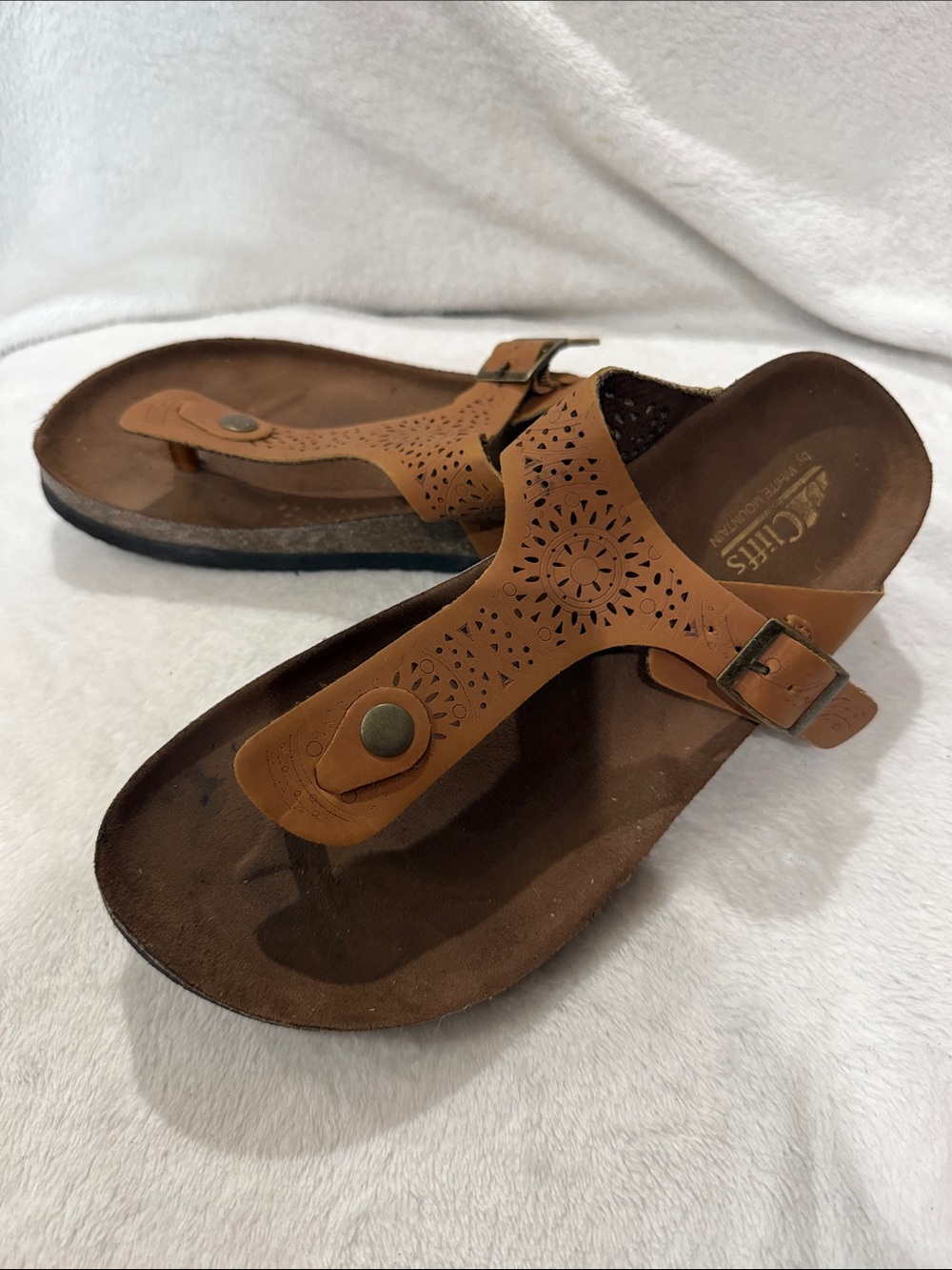 Cliffs by WHITE MOUNTAIN Tan Laser-Cut Toe-Post Sandals